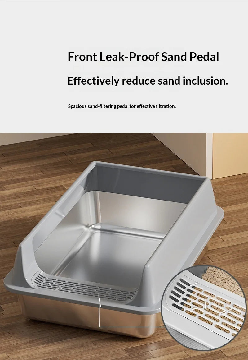 Stainless Steel Semi-closed Rectangular Cat Litter Box with Top-in Lid Anti-splash High Fence Pet Cleaning
