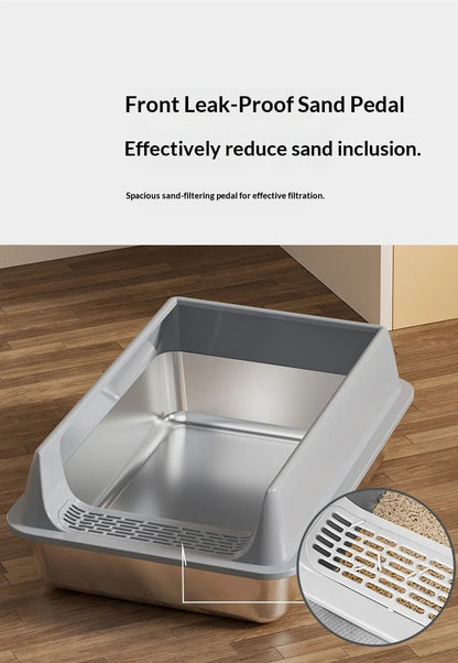 Stainless Steel Semi-closed Rectangular Cat Litter Box with Top-in Lid Anti-splash High Fence Pet Cleaning