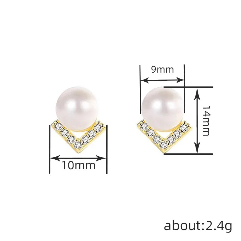 White Gold Faux Pearl Stud Earrings With Crystal Geometric Design For Women Wedding Classic Style Silver Metal
