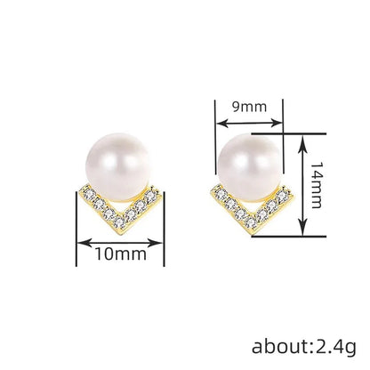 White Gold Faux Pearl Stud Earrings With Crystal Geometric Design For Women Wedding Classic Style Silver Metal