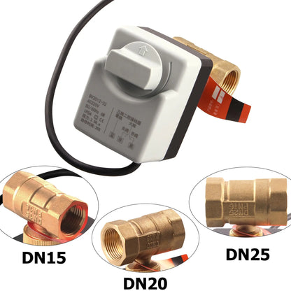 DN15 DN20 DN25 Motorized Ball Valve AC 220V Brass Valve 2 Way 3 Wires Electric Actuator with Manual Switch for Air Conditioning