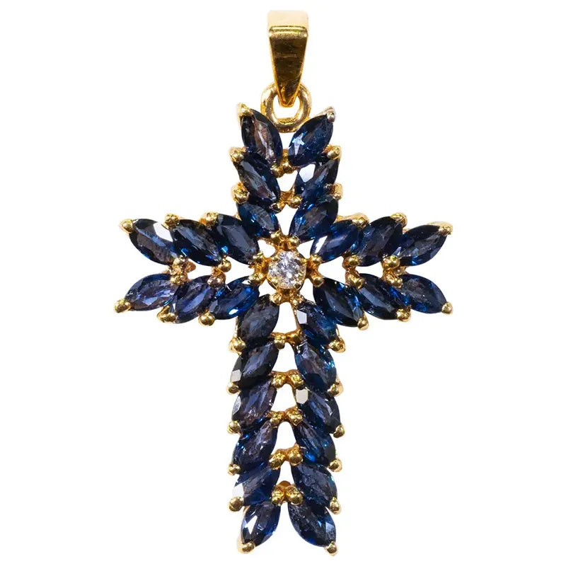 Yellow Gold Cross Pendant With Blue Sapphire And Diamond Religious Jewelry For Women