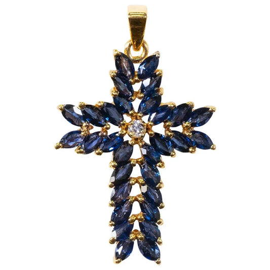 Yellow Gold Cross Pendant With Blue Sapphire And Diamond Religious Jewelry For Women by PDG ibma