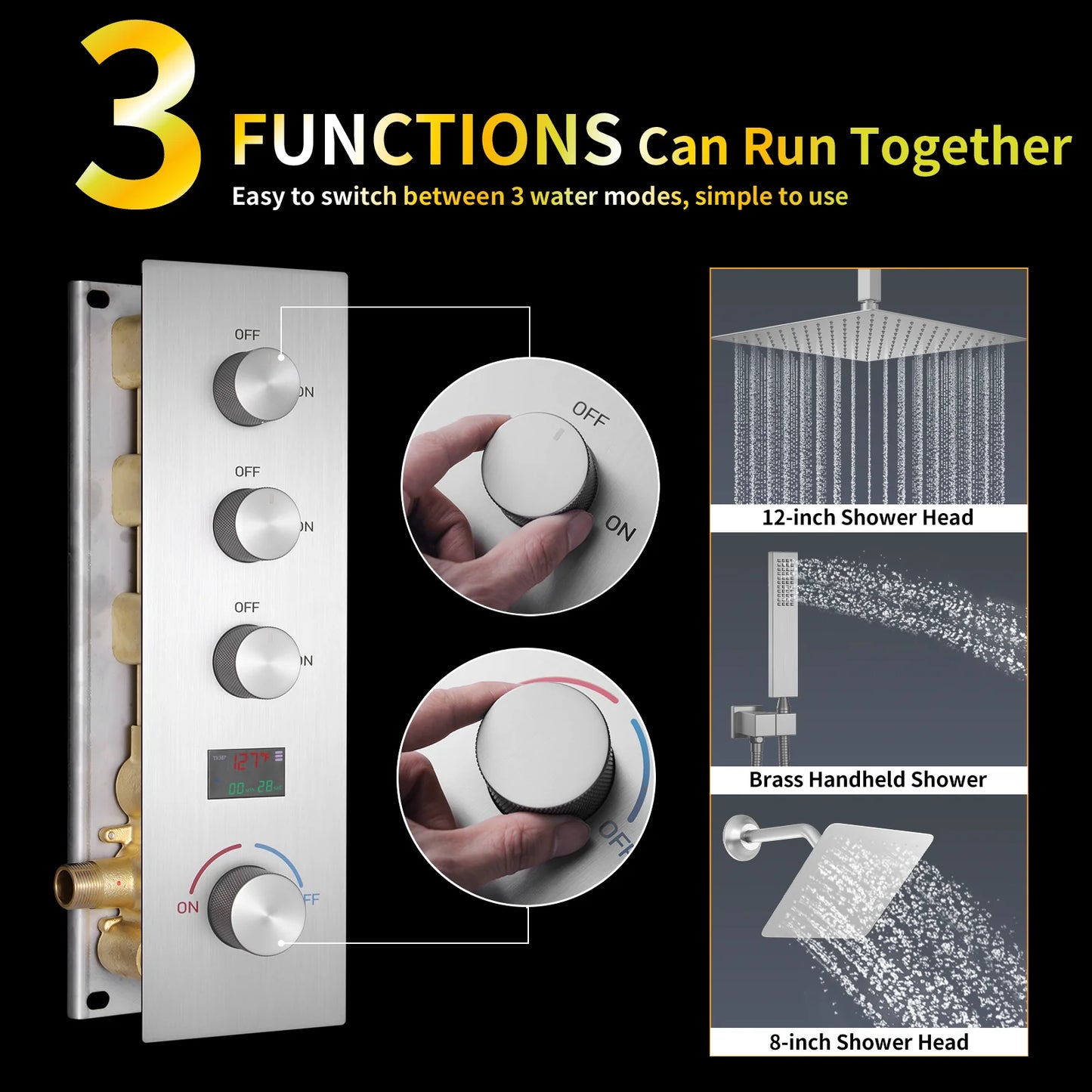 3 Functions Digital Display Thermostatic Shower System Brushed Nickel Brass Shower Set Rainfall Shower Faucet Set with Body Jets