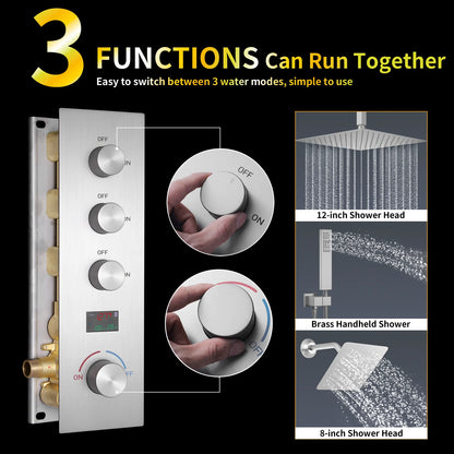 3 Functions Digital Display Thermostatic Shower System Brushed Nickel Brass Shower Set Rainfall Shower Faucet Set with Body Jets