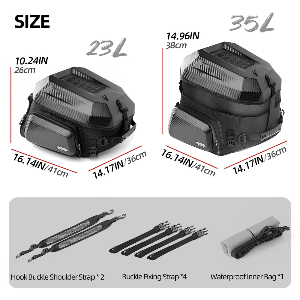 Rhinowalk Waterproof 23L-35L Motorcycle Tail Bag Hard Shell Expandable Rear Seat Bags for Motorbike Adventure