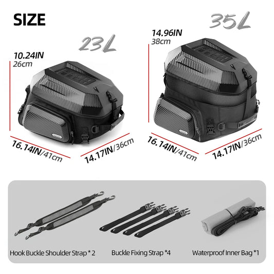 Rhinowalk Waterproof 23L-35L Motorcycle Tail Bag Hard Shell Expandable Rear Seat Bags for Motorbike Adventure