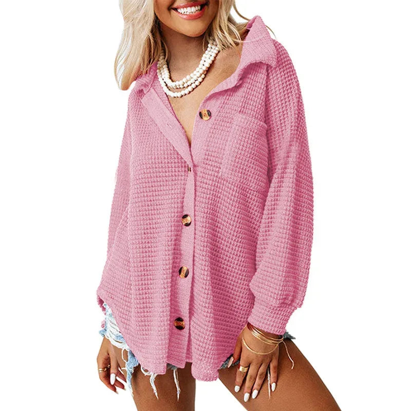 RNSHANGER Autumn Women Solid Color Blouses Casual Waffle Knit Plain Long Sleeve Pocket Shirts for Women