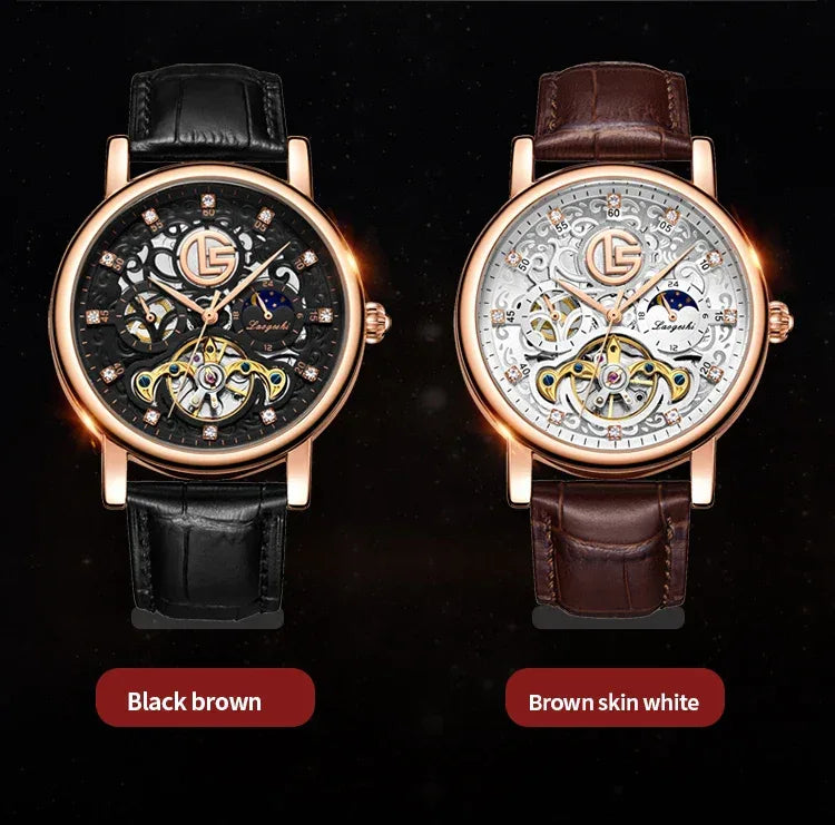 Tourbillon Watch for Men Mechanical Skeleton Mens Watches High Quality Luxury Engraved Vintage Moon Phase Leather Watch