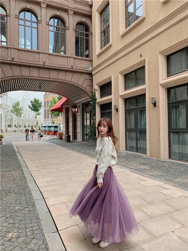 TingYiLi Elegant Tulle Skirt Autumn Winter Big Swing Women Skirt Korean Cute Pink Green Gray Blue Brown Black Long Skirt Tutu