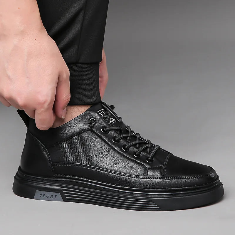 Men's Genuine Leather Lace up Round Toe Sporty Sport Shoes Black Autumn Plush Lined Soft Rubber Sole EVA Midsole Casual