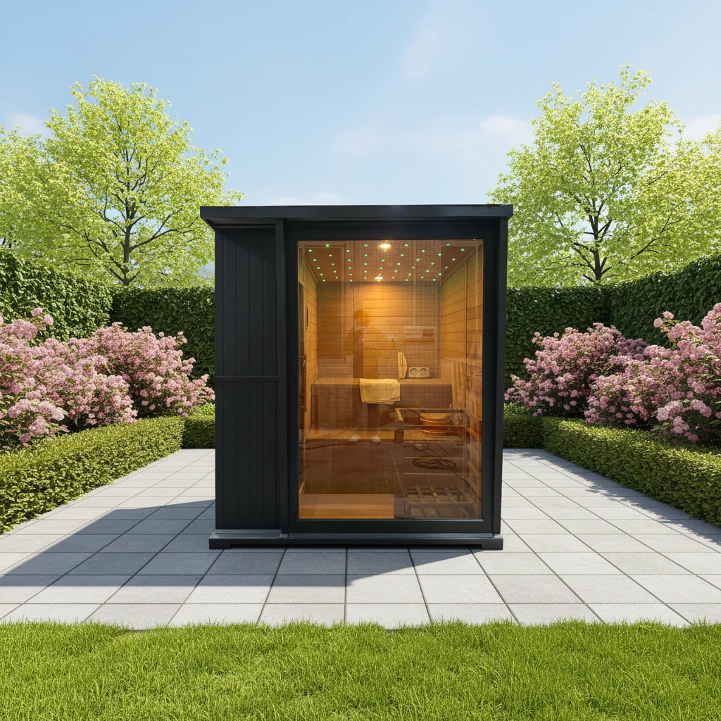 Traditional Outdoor Square Sauna House 4 Person Black Electric Heater Dry Steam Room Red Cedar Interior Spa Cabin