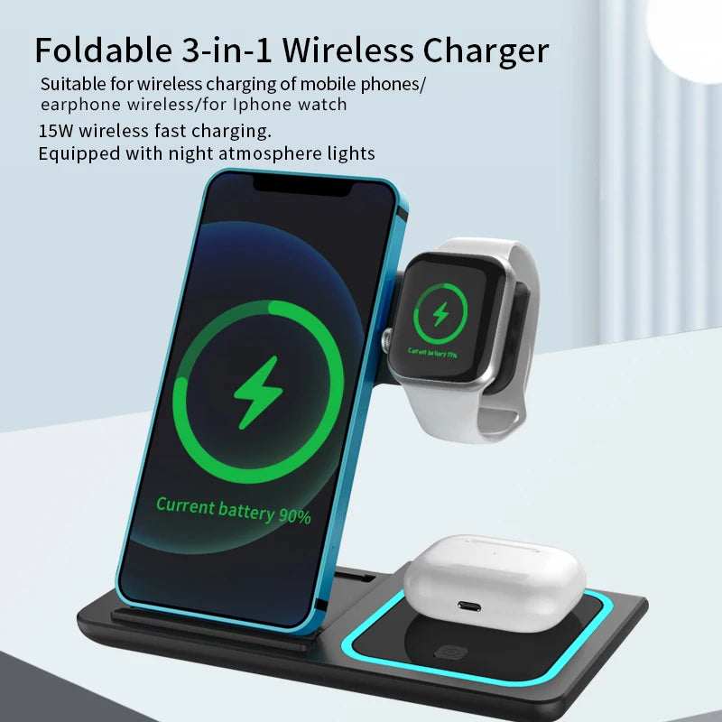 15w Fast Charging Multifunctional Chargers Station With Night Light 3 In1 Foldable Charger Mobile Phone Holder Watch Earphone