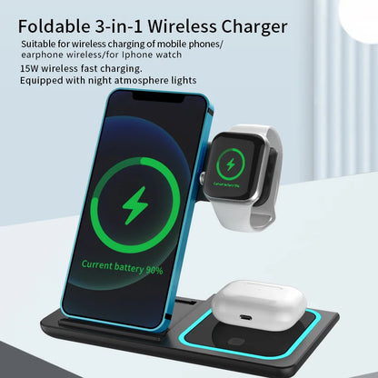 15w Fast Charging Multifunctional Chargers Station With Night Light 3 In1 Foldable Charger Mobile Phone Holder Watch Earphone