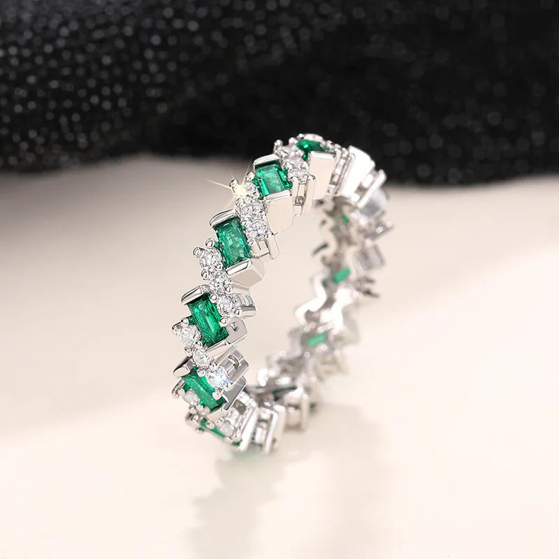 T0202 Emerald Silver Ring Geometric Design Engagement Unisex Jewelry