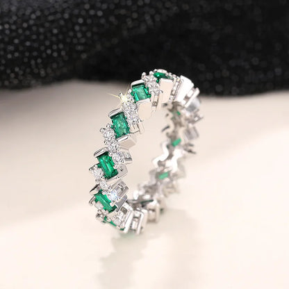 T0202 Emerald Silver Ring Geometric Design Engagement Unisex Jewelry