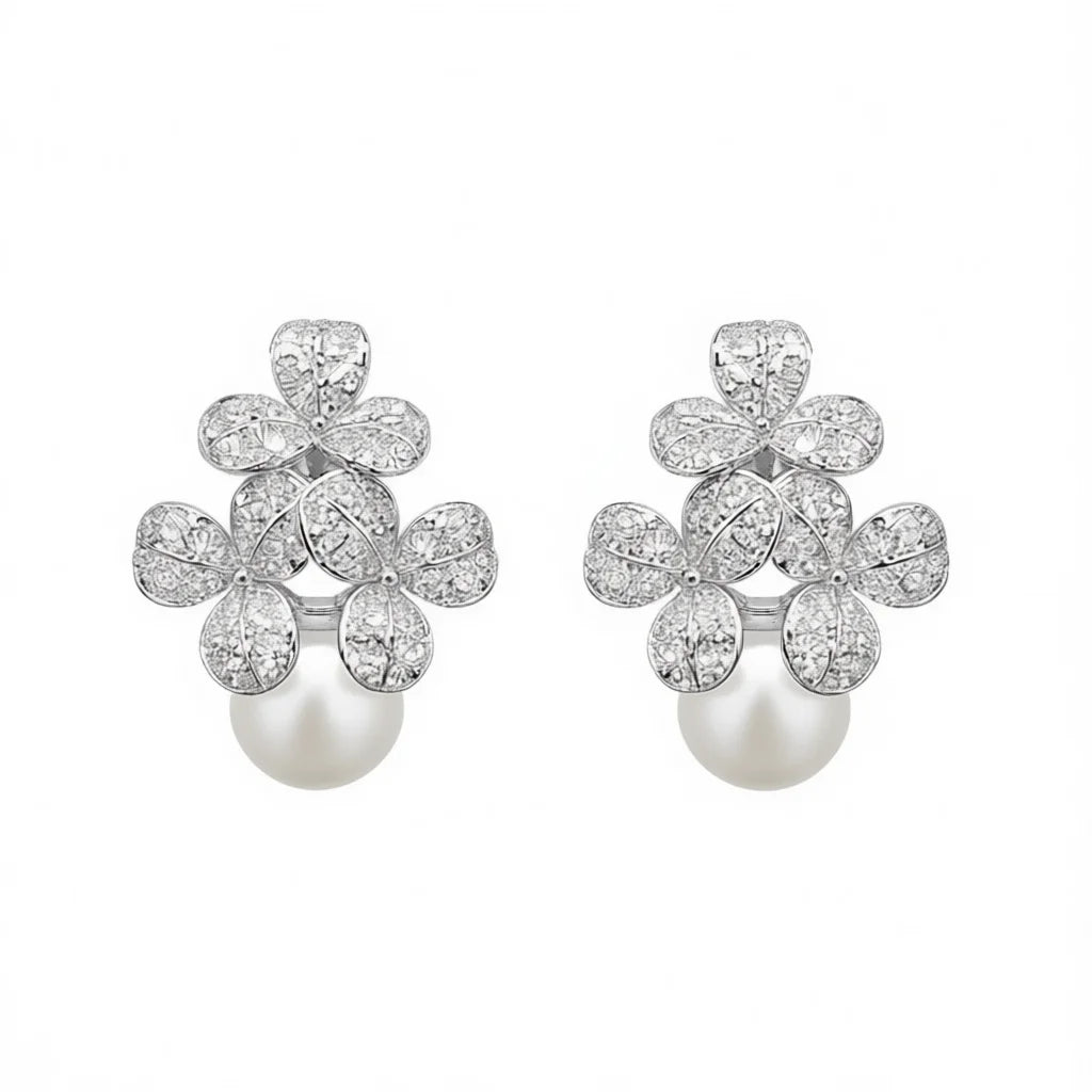 E3552 White Gold Flower Stud Earrings With Diamond Pav And Freshwater Pearl For Women Luxury Jewelry