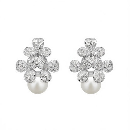 E3552 White Gold Flower Stud Earrings With Diamond Pav And Freshwater Pearl For Women Luxury Jewelry