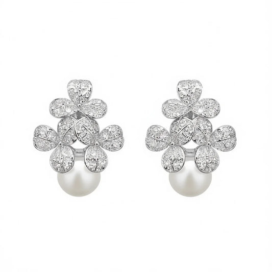 E3552 White Gold Flower Stud Earrings With Diamond Pav And Freshwater Pearl For Women Luxury Jewelry