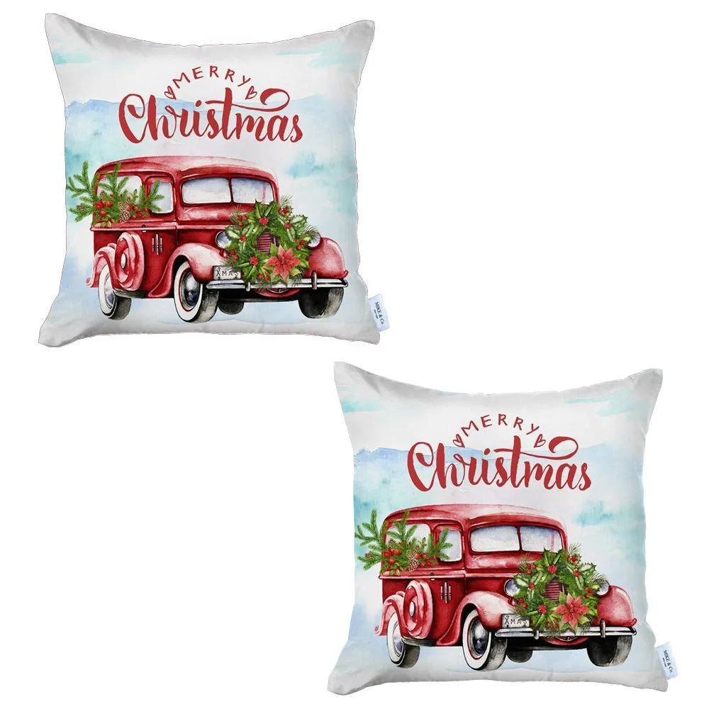 HMS Set of Two 18\" Vintage Luxury Red White Merry Christmas Holiday Van Fabric Throw Pillow Covers Eco-Friendly Metallic Style