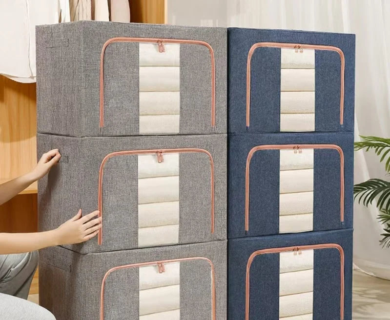 Foldable Clothes Storage Box Capacity Stackable Storage Bag with Metal Frame Dustproof Storage Box with Zipper for Home Room