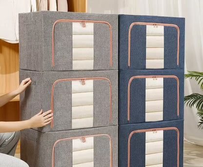 Foldable Clothes Storage Box Capacity Stackable Storage Bag with Metal Frame Dustproof Storage Box with Zipper for Home Room
