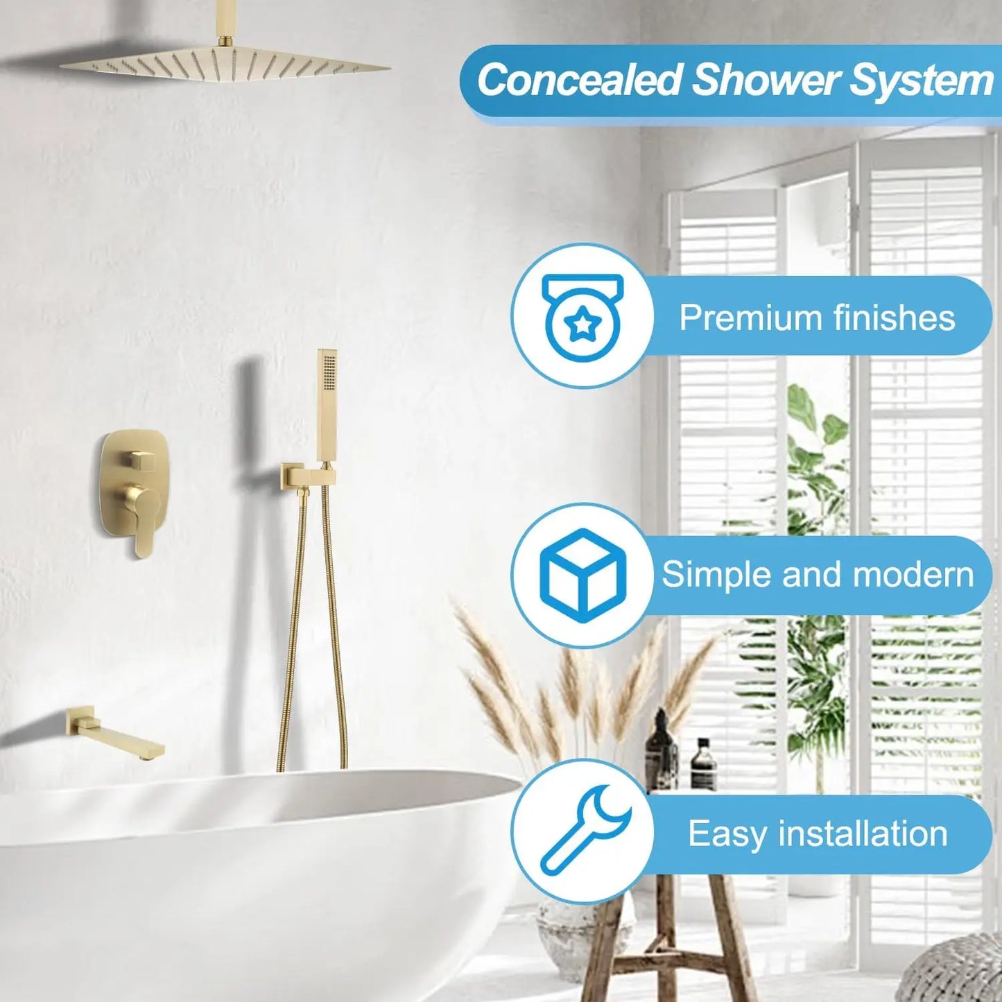 Brushed Gold Concealed Shower Mixer Set 16 Inch Ceiling Mounted Rain Shower System Rainfall Stainless Steel Shower Head