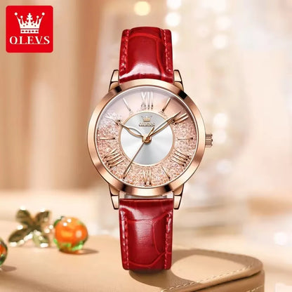 OLEVS 5539 Elegant Fashion Women's Watches Flowing Sand Ice Crystal Dial Quartz Watch Waterproof Leather Strap Lady Wristwatch