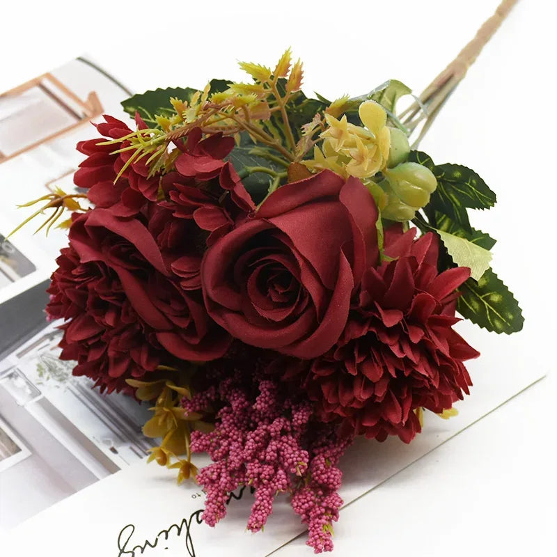 1 Bunch Rose Chrysanthemum Combination Bouquet High Quality Artificial Flowers Home Decor Autumn Decoration Diy Wedding Festival