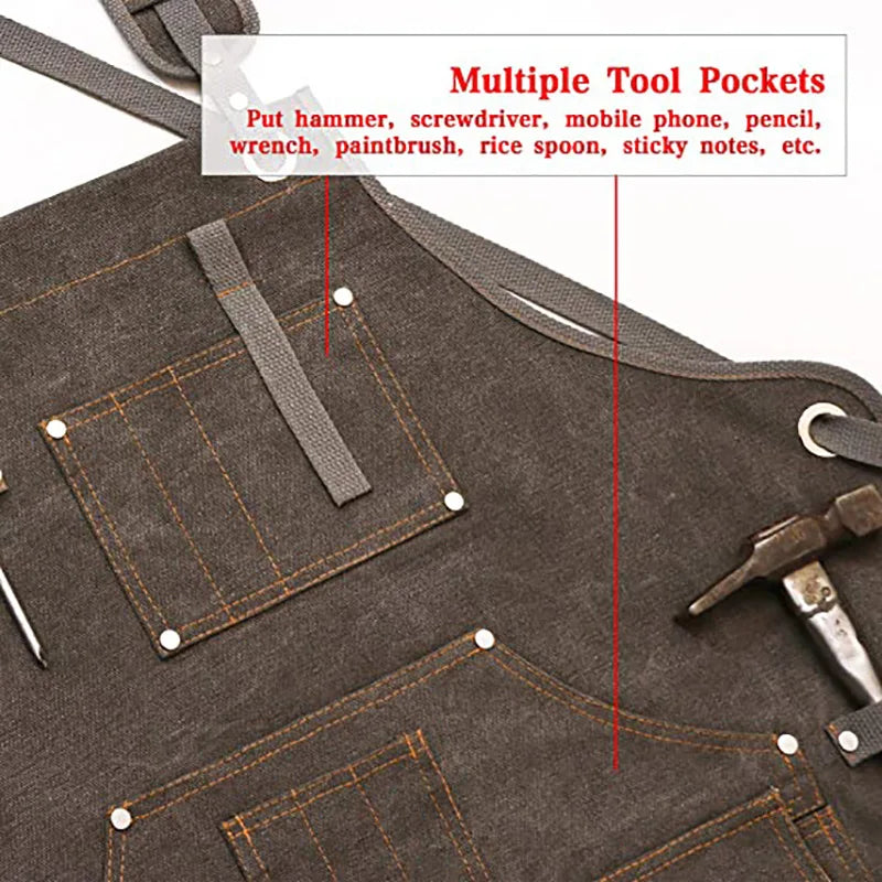 Durable Work Apron with Tool Pockets Heavy Duty Unisex Canvas Adjustable Cross-Back Straps Apron for Carpenter Painting Home BBQ