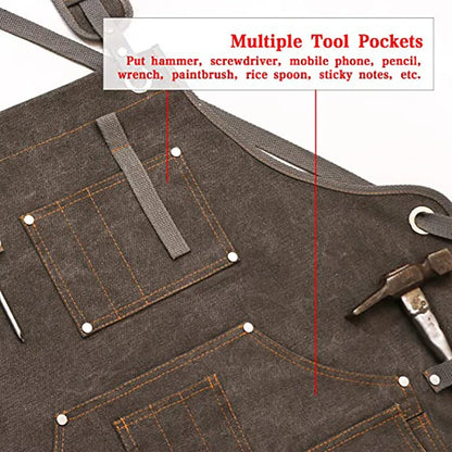 Durable Work Apron with Tool Pockets Heavy Duty Unisex Canvas Adjustable Cross-Back Straps Apron for Carpenter Painting Home BBQ