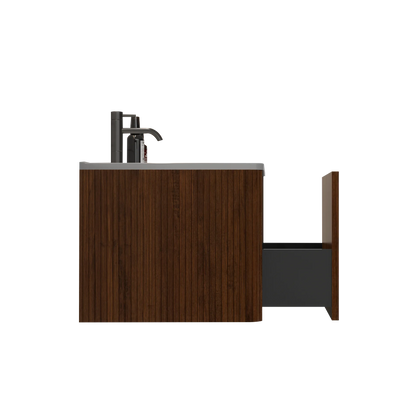 Homein 24 in White+Walnut Bathroom Vanity with Sink, Wall Mounted Melamine Floating Cabinet with Striped Push-open Drawers
