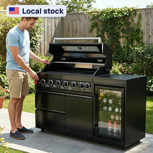 US Overseas Luxury Customized Black Stainless Steel 6-Burner Grill Outdoor Kitchen BBQ Island with Fridge for Custom Backyards