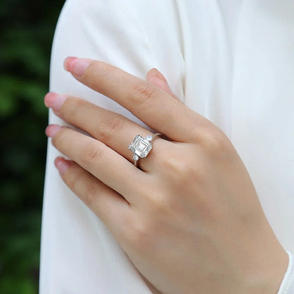 Luxury Female S925 Sterling Silver Moissanite Ring Women Emerald Cut Engagement Ring Fine Jewelry Ring