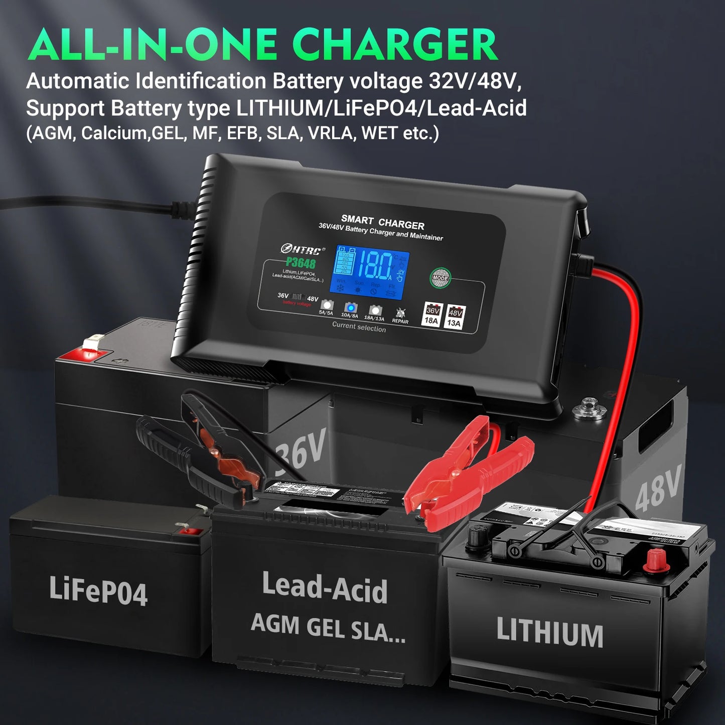 HTRC Smart Charger 48V/13A for 36Volt Golf Cart PB LiFePO4 Lead-Acid Battery & Electric Automatic Motorcycle 36V/18A AC Port