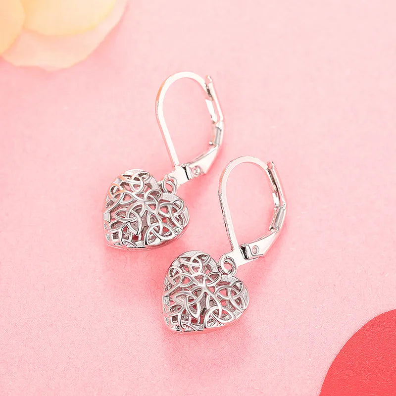 Tibetan Silver Heart Drop Earrings for Women Romantic Alloy Jewelry Gift Fashion White Gold Color