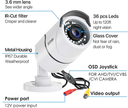ZOSI 1080P 2MP TVI CCTV 120ft IR Nightvision Motion Sensor Waterproof Home Outdoor Surveillance Security Bullet CCTV camera