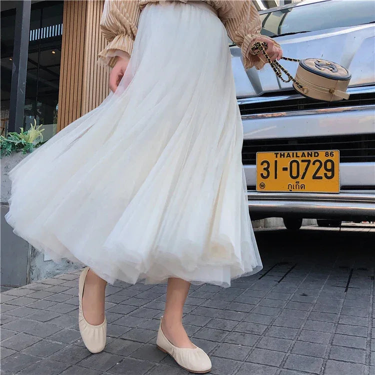TingYiLi Elegant Tulle Skirt Autumn Winter Big Swing Women Skirt Korean Cute Pink Green Gray Blue Brown Black Long Skirt Tutu