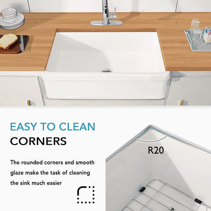Luxury Unique Design Ceramic Farm Kitchen Sink with Strainer & Protective Bottom Grid