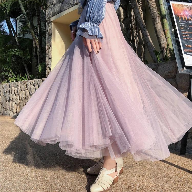 TingYiLi Elegant Tulle Skirt Autumn Winter Big Swing Women Skirt Korean Cute Pink Green Gray Blue Brown Black Long Skirt Tutu