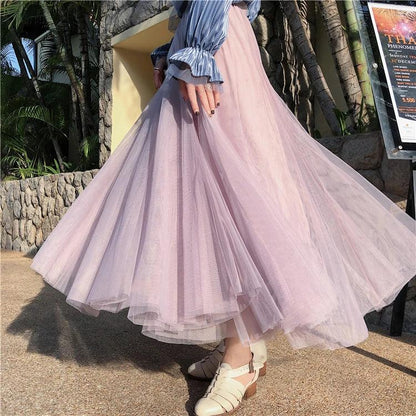 TingYiLi Elegant Tulle Skirt Autumn Winter Big Swing Women Skirt Korean Cute Pink Green Gray Blue Brown Black Long Skirt Tutu