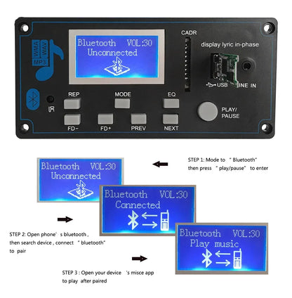 Bluetooth 12V LCD MP3 Decoder Board WAV WMA Decoding MP3 Rec Player Audio Module Support FM Radio AUX USB With Lyrics Display