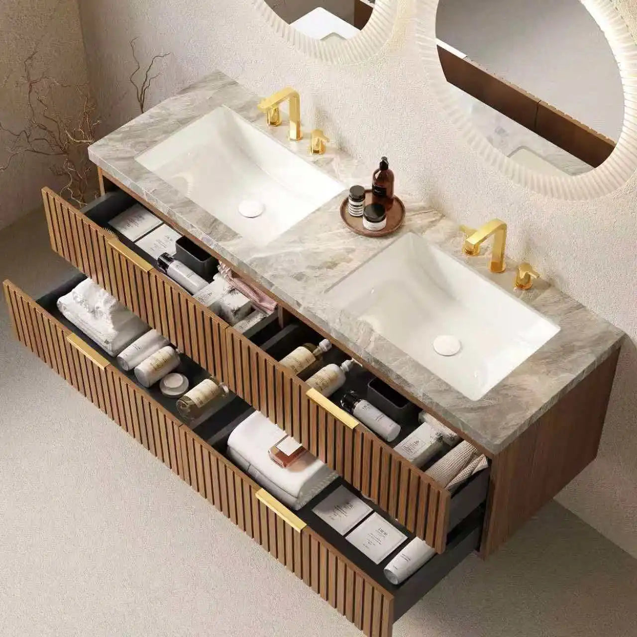 60 Inch Brown Oak Floating Bathroom Vanity 4 Drawers Sintered Stone Top Double Sinks Pre Assembled US Local Stock Homein