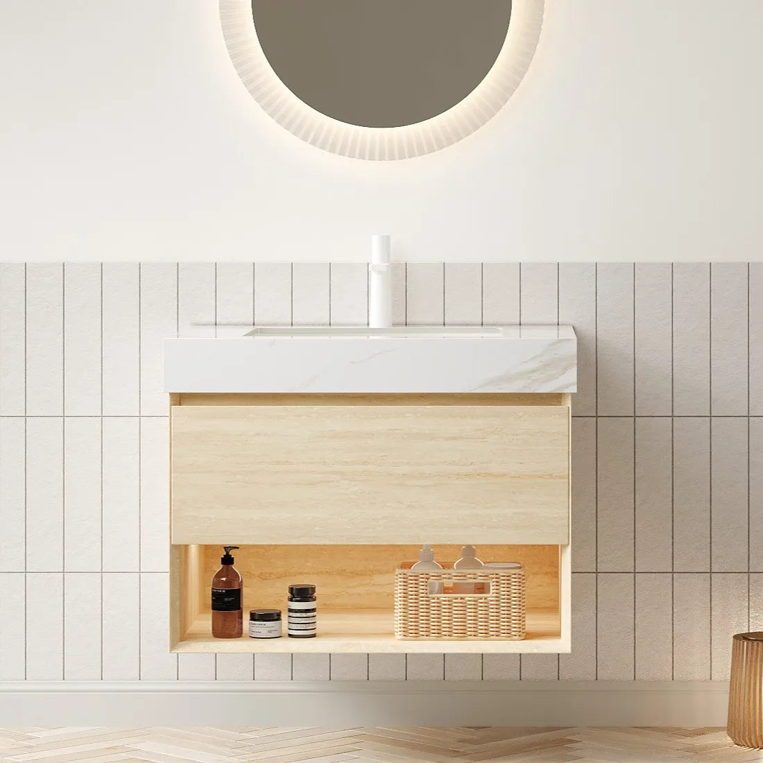 Homein 30 in Bathroom Vanity with Ceramic Sink, US Local Stock Fast Delivery Floating Sintered Stone Vanity LED Light