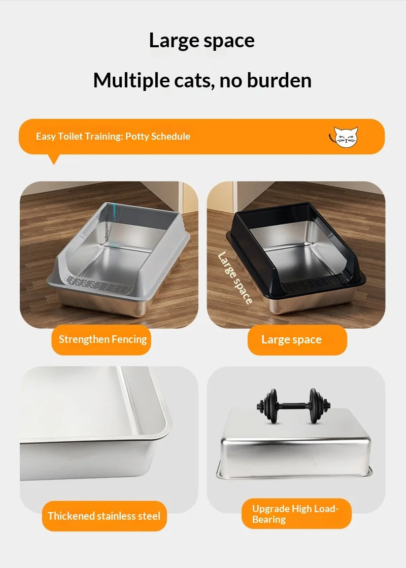 Stainless Steel Semi-closed Rectangular Cat Litter Box with Top-in Lid Anti-splash High Fence Pet Cleaning