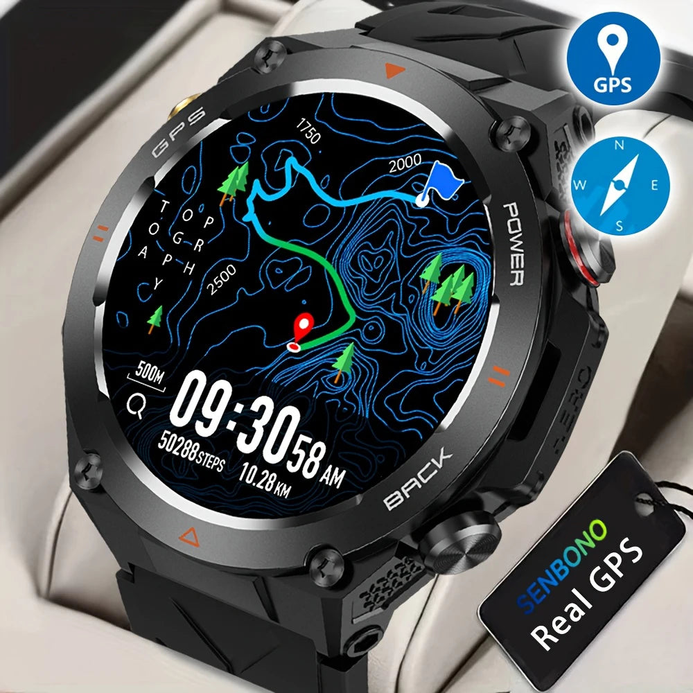 SENBONO GPS Smart Watch Men 1.45'' HD Screen Built-In GPS Altimeter Barometer Compass AI Voice Compatible with Android & iPhone