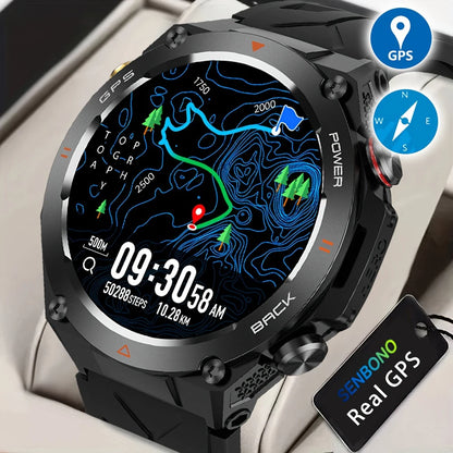 SENBONO GPS Smart Watch Men 1.45'' HD Screen Built-In GPS Altimeter Barometer Compass AI Voice Compatible with Android & iPhone