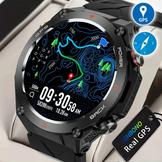 SENBONO GPS Smart Watch Men 1.45'' HD Screen Built-In GPS Altimeter Barometer Compass AI Voice Compatible with Android & iPhone