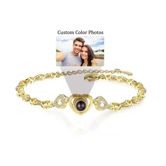 Dropship Jewelry Personalized Custom Photo Projection Heart-shaped Bracelet Titanium Steel Gold Plated Zircon Bracelet