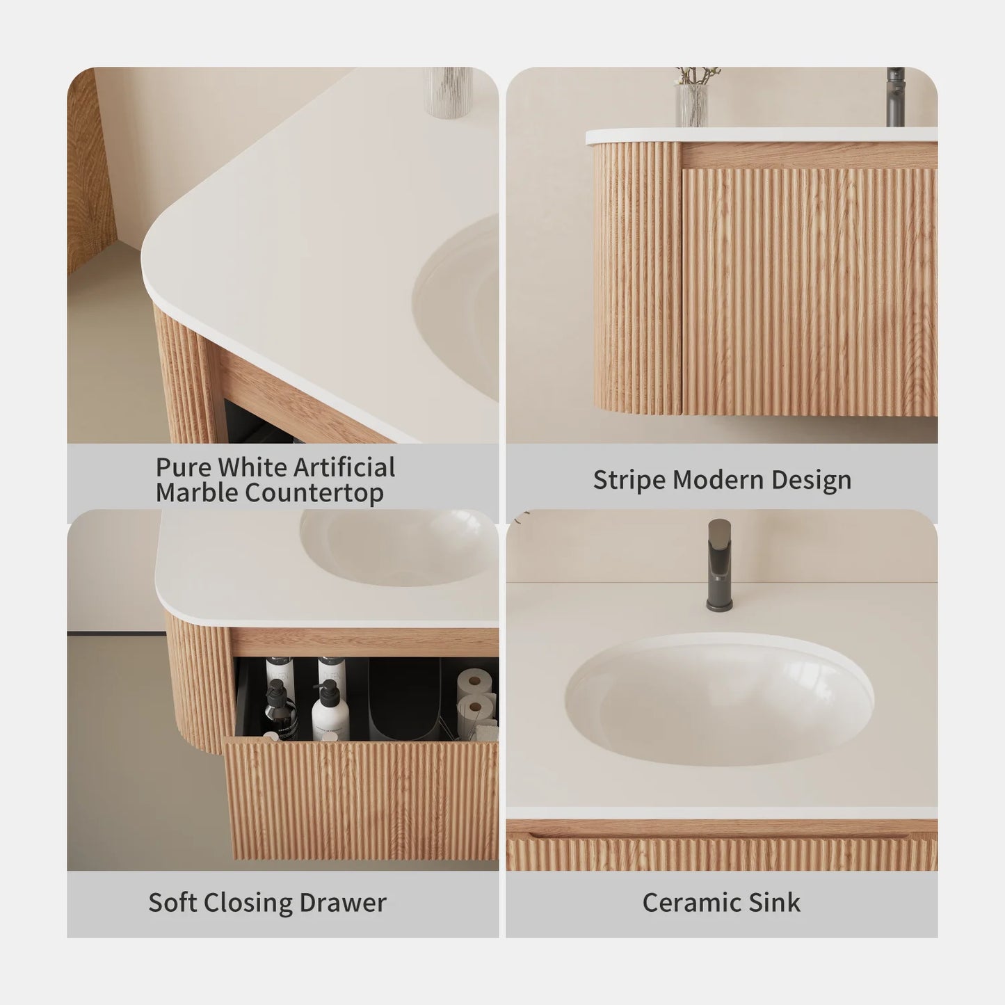 USA Free Shipping Floating Curved Bathroom Cabinet Wall Mounted 36 Inch 42 Inch Bathroom Vanity Cabinet with Countertop